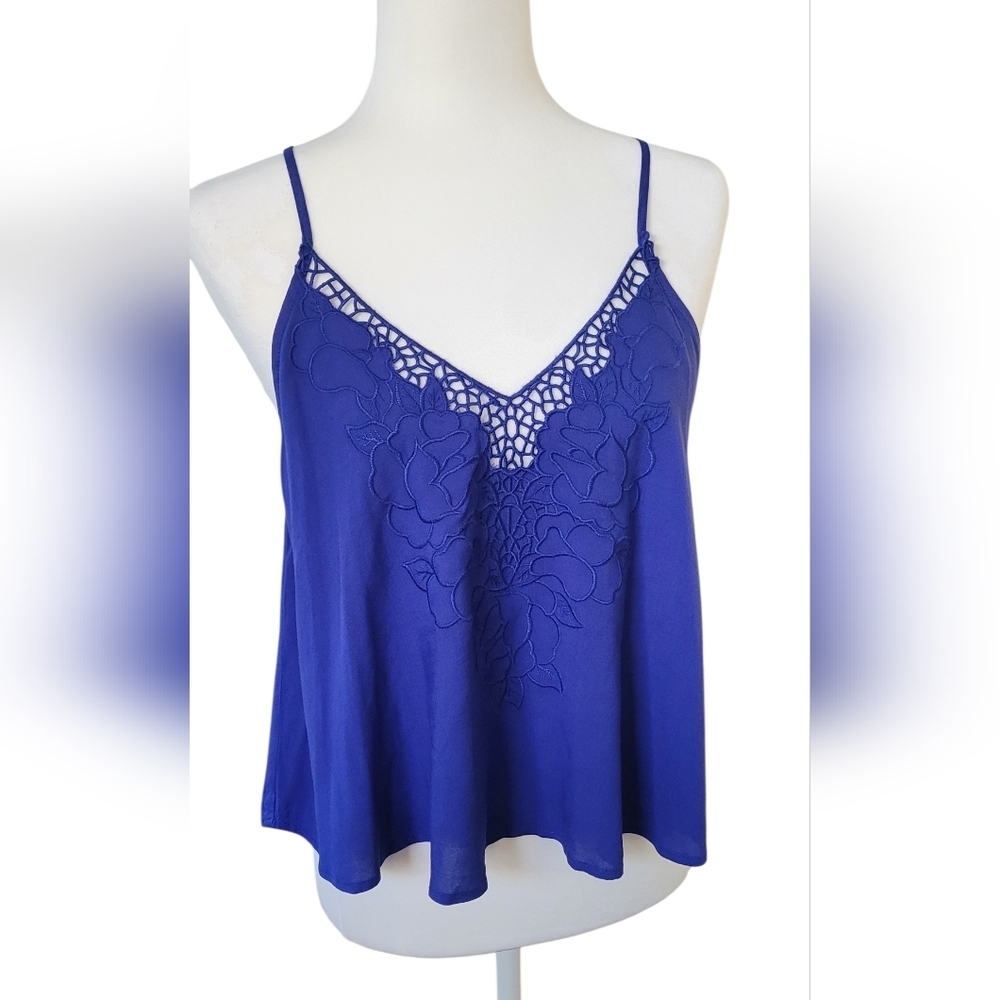 Lush Royal Blue Embroidered Floral Boho Festival V-neck Camisole, Women's Medium